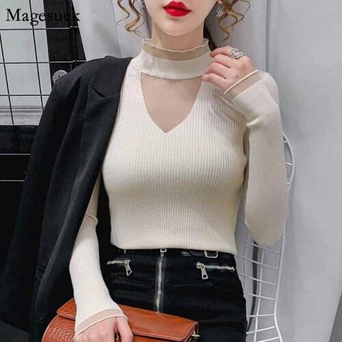 Long Sleeve Knitted Sweater Women Mesh PatchWork Jumper Turtleneck Women Sweater Inner Base Slim Woman Sweaters Pull Femme 11591