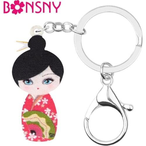WEVENI Acrylic Sweet Japanese Doll Keychains Keyring Cute Ethnic Key Chain Jewelry For Women Girls Kids Gift Wallet Decoration