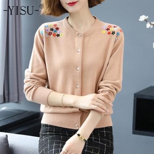YISU Warm Sweater Cardigan Women Autumn Winter Cardigan Female O-neck Long sleeve Flowers embroidery Knitted Cardigan Sweater