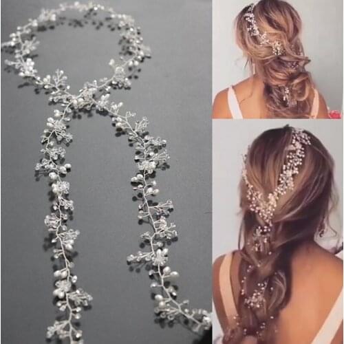 Wedding Rhinestones Pearls Hair Vine women Long Bridal Headband Hair Accessories for Bride and Bridesmaid (100cm / 39.3inches)