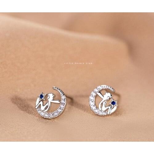 925 Sterling Silver Crystal Angel Moon Stud Earrings For Women Party Jewelry Female Pendientes Mujer Moda