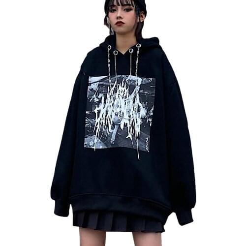Hip Hop Street Style Women Sweatshirts Thorn Print Dark Loose Hooded Jumper Spring Oversized O-Neck Long Sleeve Sportswear HD024