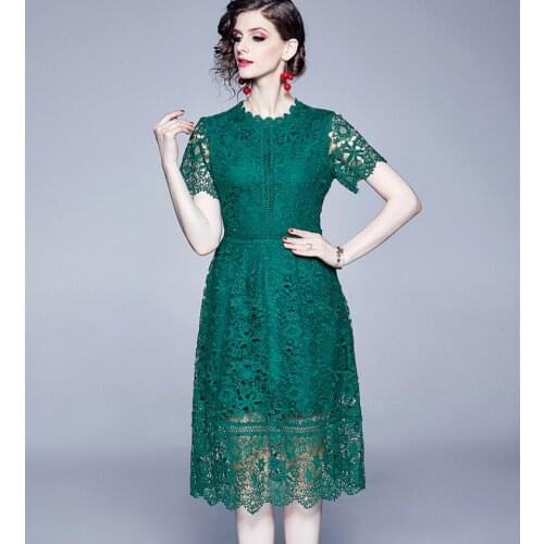 Womens spring summer vintage hollow out lace dress female runway fashion high waist A-line medium long lace dress TB711