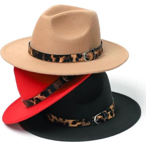 19 color Womens Wide Brim Felt Fedora Panama Hat with Leopard Belt Buckle Party Trilby Cowboy Hat Fashion Jazz Cap
