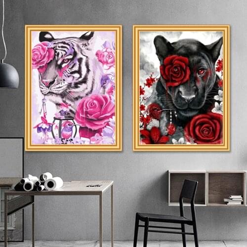 5D DIY Diamond Painting Tiger Flowers Cross Stitch Kit Full Drill Square Embroidery Mosaic Art Picture of Rhinestones Decor Gift