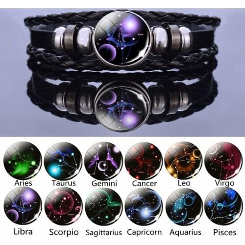 12 Constellations Black Leather Bracelet Fashion Zodiac Sign Leo Pisces Bracelets Glass Cabochon Jewelry Bangle Birthday Gifts
