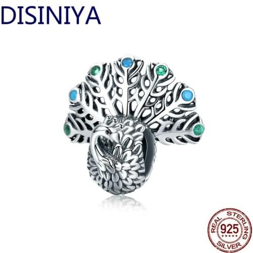 Hot Fashion Peacock Beads 100% 925 Sterling Silve Zircon Charm Fit Original Bracelet Pendant DIY Jewelry Making ZSCC141260