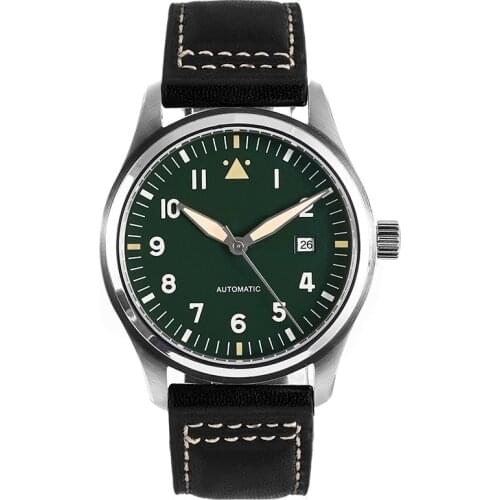 42mm Green Dial Spitfire Pilot Watch 5ATM JAPAN MIYOTA Automatic Domed Sapphire Crystal Lumed Genuine Leather Strap