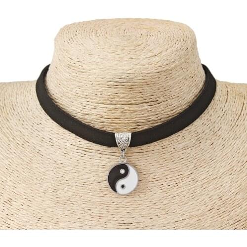 Black 10mm Flat Faux Suede Leather Cord Yin Yang Charm Choker Necklace 13 Inches