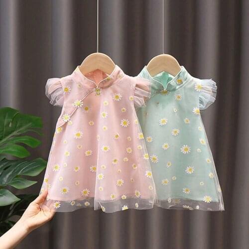 Teen Girl Summer Childrens Dress Baby Clothing 2021 Cheongsam Princess Floral Lace A-Line Casual Dress 1Y-4Y HOT