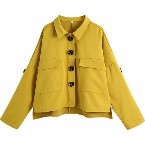 Evfer Women Fashion Double Pockets Za Yellow Shirt Jackets Oversize Chic Lady Casual Turn-Down Collar Long Sleeve Loose Outwear