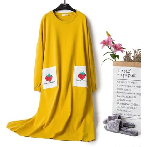 Nightdress cotton long-sleeved long section casual fat M M nightdress loose female spring and autumn yellow home service