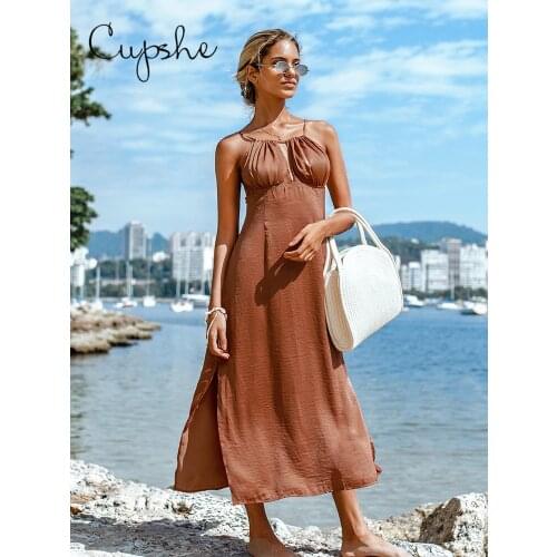 CUPSHE Solid Caramel Slip Maxi Dress Woman Sexy Lace Up Backless Dress 2021 Girls Summer Sundress Vestidos