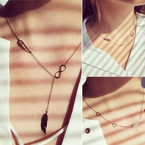 Fashion Feather Pendant Necklace for Women Gold Color Heart infinity Necklace Simple Clavicle Chain Statement Couples Jewelry