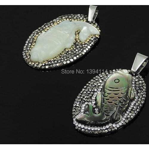 Carved Shell Of Fish Relief Around Pave CZ Oval Pendants Silver Plated Approx 35*25*4 mm