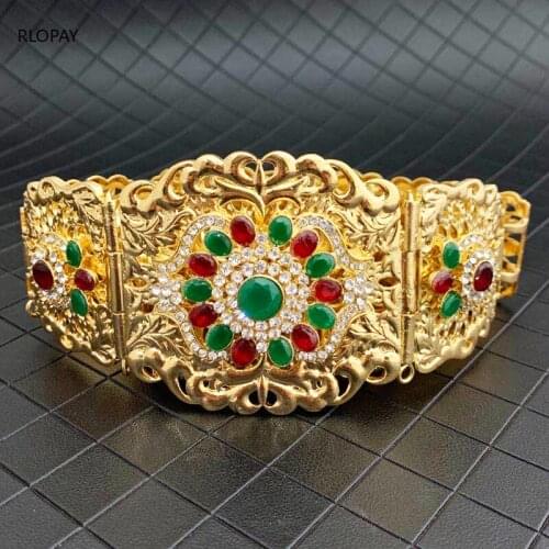 RLOPAY Arabic Bride Accessories Golden Waist Chain with Rhinestone Hollow Flower Bridal Belts Wedding Dresses Sashes