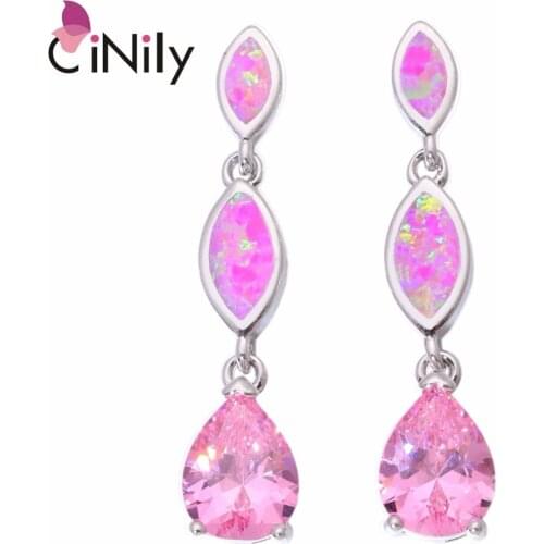 CiNily Created Pink Fire Opal Pink Zircon Silver Plated Earrings Wholesale Fashion for Women Jewelry Stud Earrings 1 1/4" OH3374