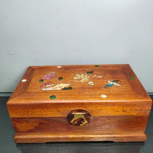 11"Chinese Folk Collection Old Rosewood mosaic Colorful shell Birds and Flowers pattern Jewelry Box storage box Ornaments