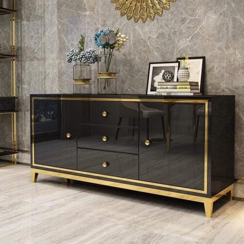 Modern Light Luxury Side Cabinet,Living Room Storage Sideboards MDF+Stainless Steel Gilt Chassis+Tempered Glass Table Top