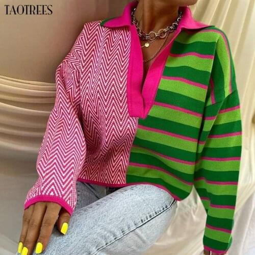 Taotrees Womens Knitwear Knitted Long Sleeve Colorblock Pullover Striped and Wave Pattern Lapel Sweater Jumper