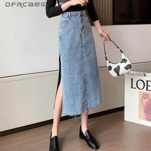Streetwear Vintage Blue Womens Denim Straight Skirts Summer 2021 High Waist Sexy Open Split Long Jeans Skirt Blue Saias