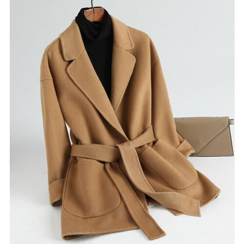 Double-sided Cashmere wool Jacket Female 2021 Fashion Spring Autumn Elegant Slim Mid-length Coat With belt Warm Women Outwear