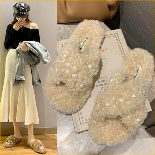Autumn and Winter Fairy Style Pearl Women Slippers Wool Womens Flat Slippers New Fashion Lamb Female Casual Slippers