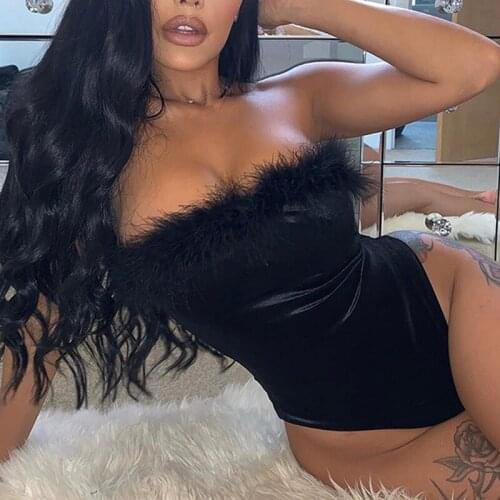 Fur Feather Sexy Off-Shoulder Bodysuit Women Patchwork Black Strapless Bodysuit Overalls Party Clubwear Jumpsuit 2019 New Hot