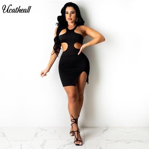 2021 Summer Elegant Sexy Bodycon Cut Out Dress Women Sleeveless Halter Neck Backless Club Party Split Dresses