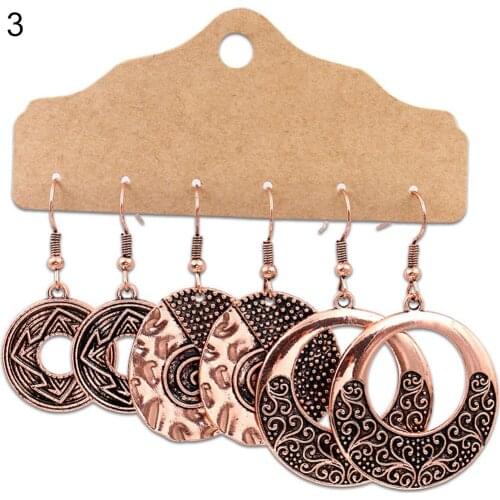 3Pairs Boho Gypsy Women Feather Round Hollow Dangle Hook Earrings Party Jewelry Dangle Hook Earrings Party Jewelry Dangle Hook E