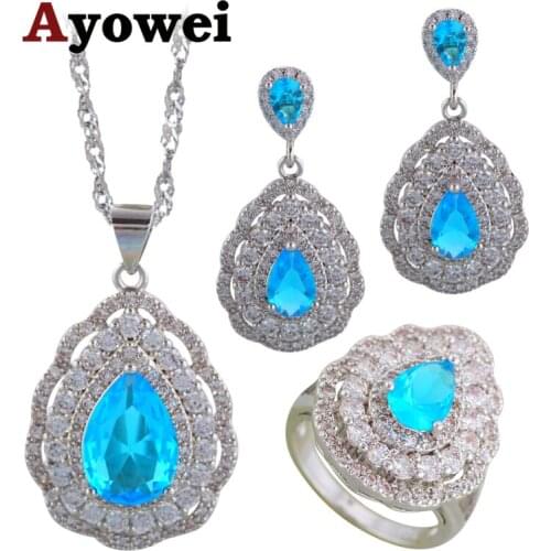Ayowei Silver Stamped Fashion Earring Necklace Ring Light blue Zicon White Crystal Water drop Jewelry Sets Sz #6#7#8#9#10 JS700A