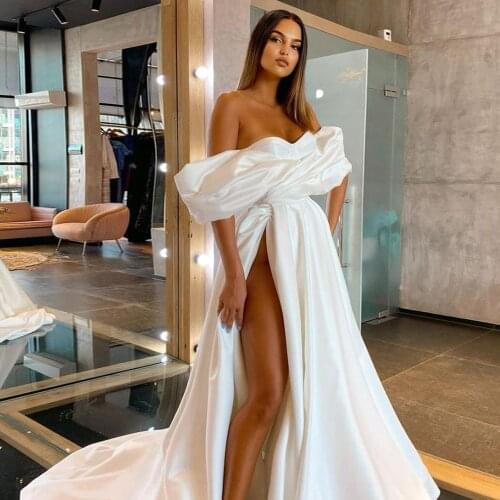 White A-Line Evening Dresses Long 2021 New Simple Off-The-Shoulder Split Elegant Ball Gown Satin Celebrity Dress robes de soirée