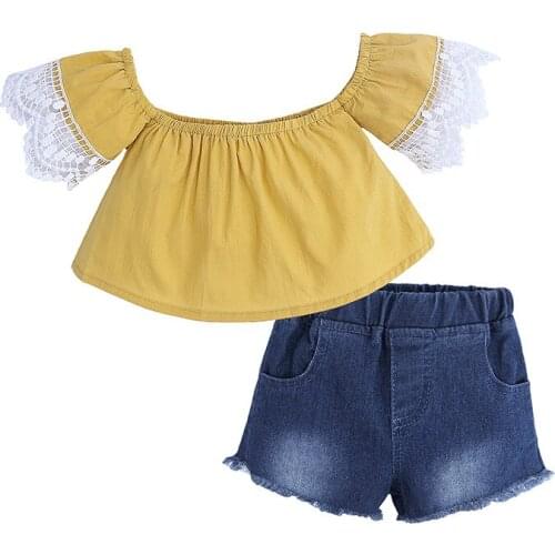 Girls Stylish Summer Clothing Set One Shoulder T-shirt Top Short Jeans Denim Shorts Set