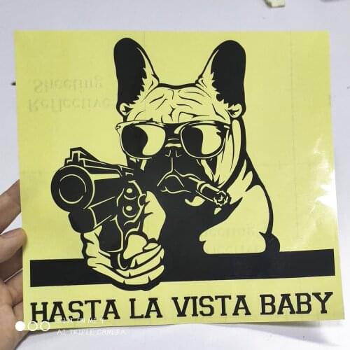 FD528A Die Cut Funny Warning French Pug Dog With Gun Animal Cartoon Car Sticker Vinyl Decal Decor
