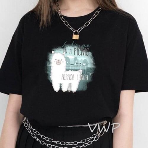 Cute cartoon Alpaca T-Shirt Women Printed Lets go in a picnic Tshirt Female Funny Harajuku Summer Tops Black Womens clothing