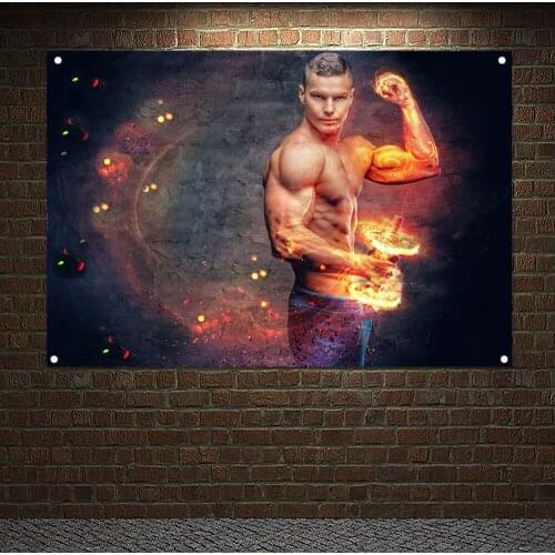 Exercise Poster Wall Art Shirtless Abdominal Suntanned Young Male Fitness Model Holds Fire Dumbbell Workout Banner Tapestry