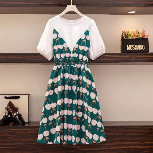 Plus size women short sleeve patchwork print midi dresses Summer high waist A-line korean casual fake 2 piece dresses women robe