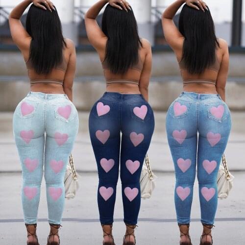 Heart Print Blue Skinny Jeans Women Sexy Butt Lift High Waist Stretchy Jeans Female Vintage Tight Denim Pencil Pants Pantalones