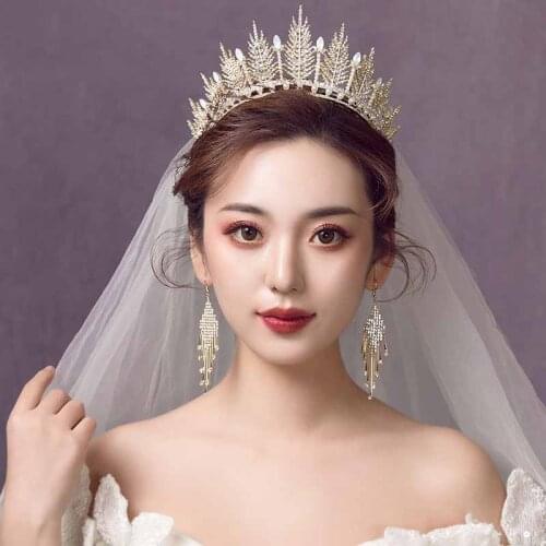 Baroque Bridal Crown Tiara and Earrings Set Bride Hair Accessories Wedding Princess Diadem Headpiece Head Jewelry Gold Headband