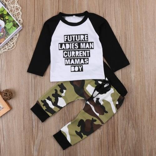 Letter Baby Boys Kids Toddler Long Sleeve Cotton T-Shirt Tops Tee+Camouflage Long Pants Clothes Outfit Set 2PC
