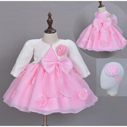 3Pcs Set Baby Girl Baptism Dress Pageant Princess Wedding Christening Dresses Kids Frocks Gown With Head Band Jacket Shawl