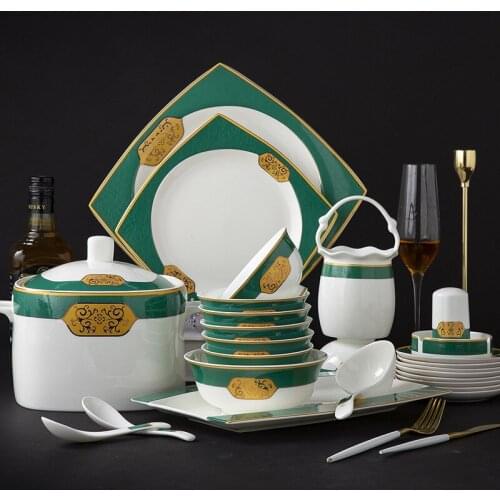 60pcs European Style Glazed Jingdezhen Bone China Porcelain Bowl and Dish Plate Set Dinnerware Tableware Set