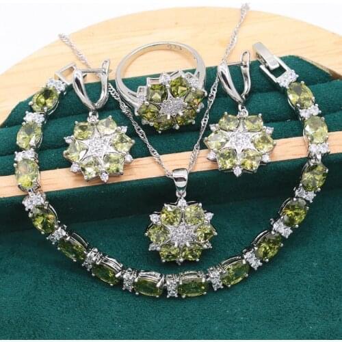925 Sterling Silver Jewelry Set For Women Wedding Bracelet Earrings Necklace Pendant Bride Ring Olive Green Crystal 4PCS Gift