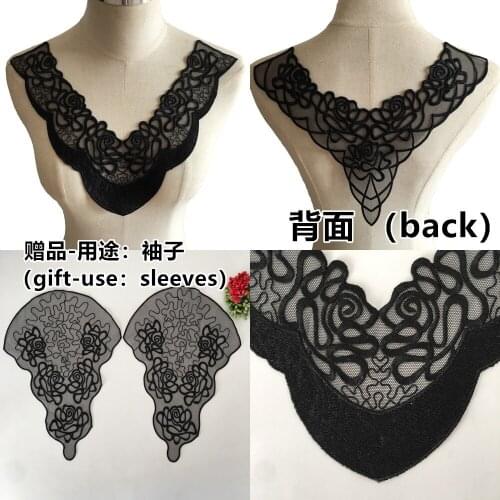 Black Flower Leaf Embroidery Collar Lace Flowers Neckline Collar Applique Trim and Lace fabric sewing supplies Free sleeves