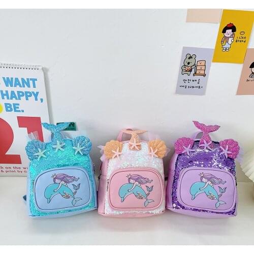 Children Kindergarten Cute PU Leather Sequins Cartoon Printing Backpack Girls School Large Capacity Handbags Knapsacks