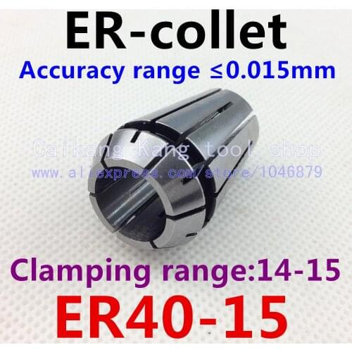 ER40-15 . ER collet. Collet. Material: 65 Mn spring steel. Accuracy: 0.015mm. Clamping range: 14-15mm. Specifications: ER40-15
