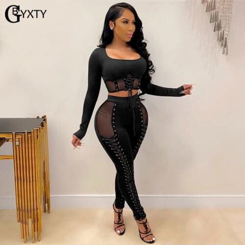 GBYXTY Mesh Eyelet Lace Up Outfits Matching Set 2021 Women Long Sleeve Crop Top and Pants 2 Piece Set Bandage Tracksuit ZL1085