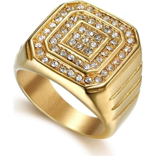 Hip Hop Geometric CZ Big Rings Mens Gold Color Iced Out Cubic Zircon Bling 316L Stainless Steel Jewelry Ring Gifts Dropshipping