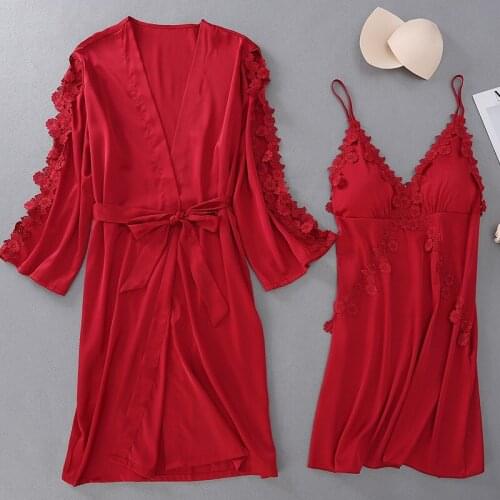 Women Sexy 2PCS Sleep Set Hollow Out Nighty&Robe Suit Sleepwear Lace Nightwear Nightdress Bride Bridesmaid Wedding Robe