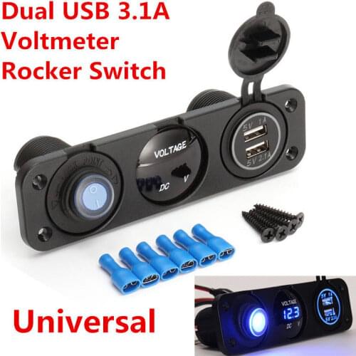 Krator Universal LED Digital Display Voltmeter Rocker Switch Panel USB Charger Cigarette Lighter Waterproof